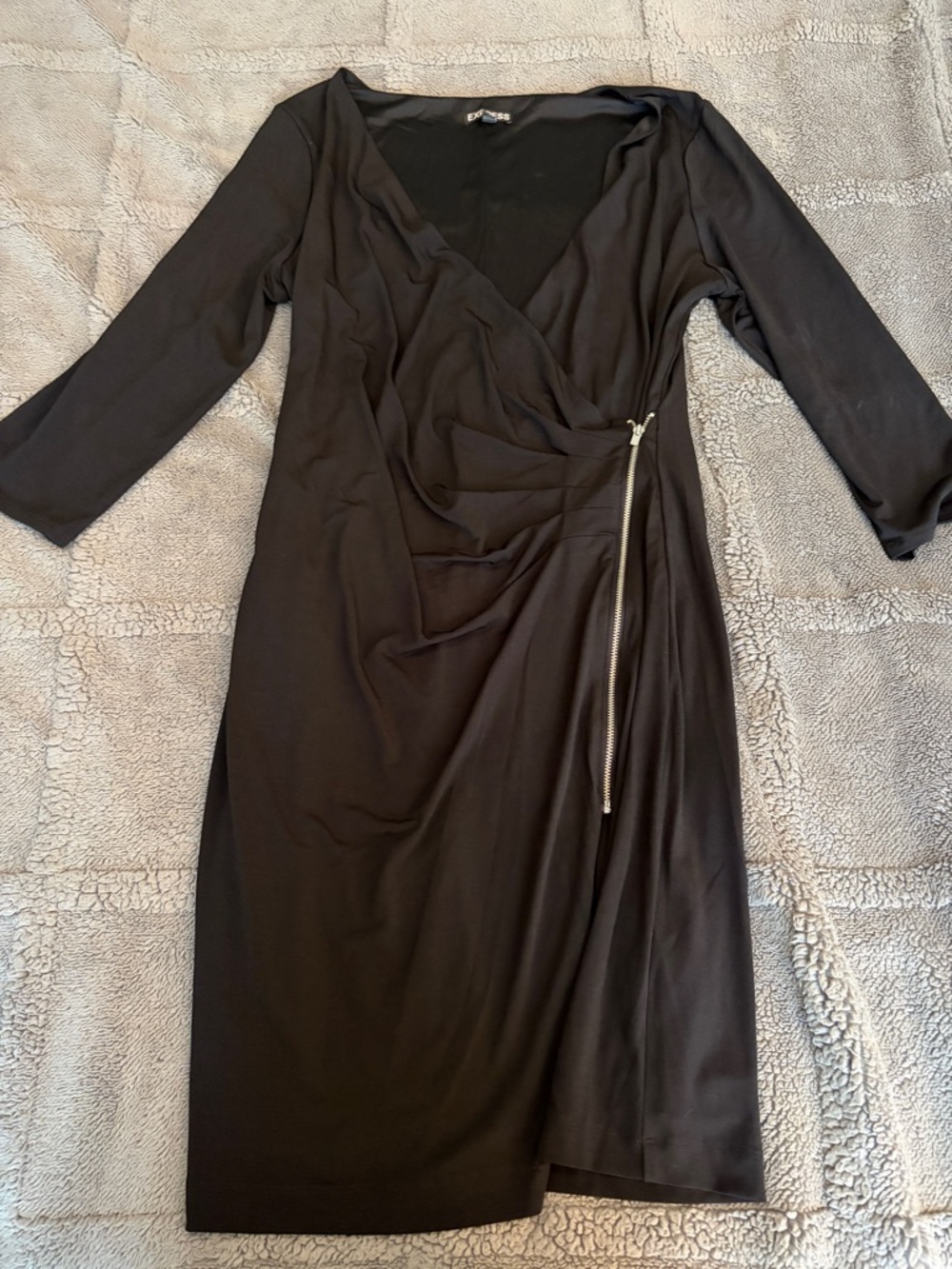 Express Black Long-Sleeve Wrap Dress with Side Zip Detail